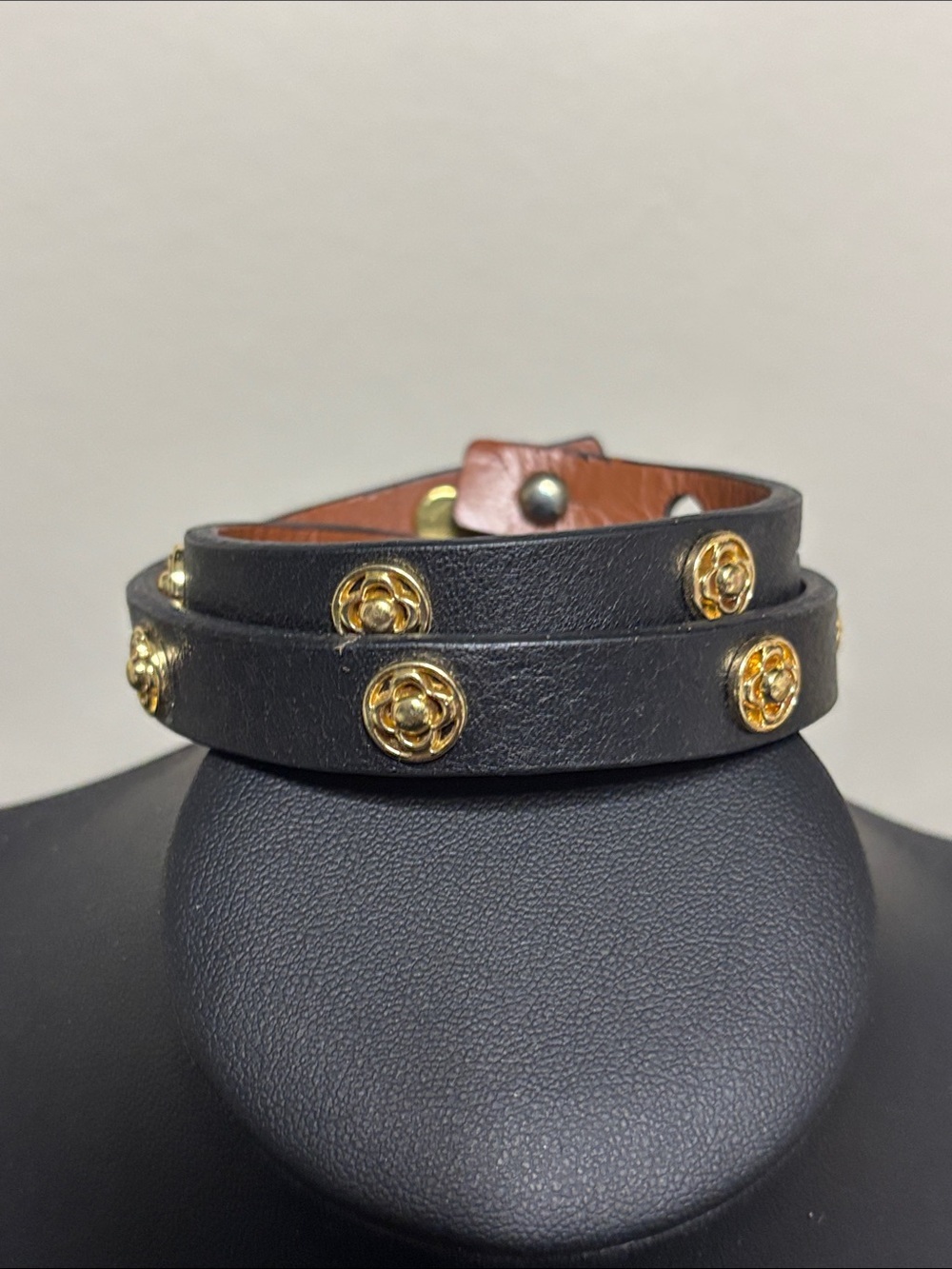 Black Leather Double Wrap Bracelet with Gold Camellia Studs